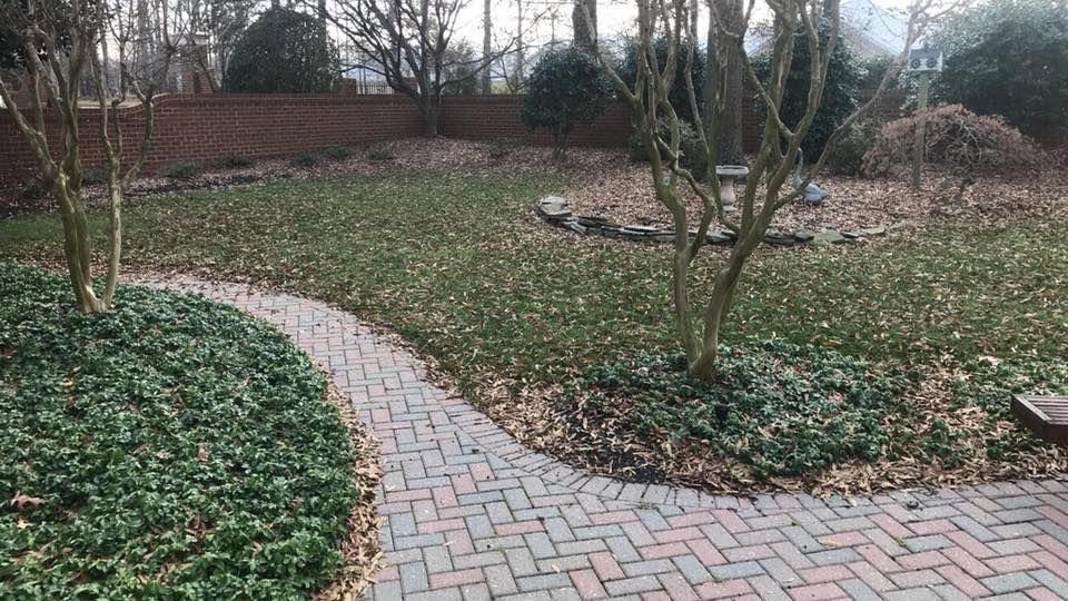 A brick walkway winds through a lush green garden.
