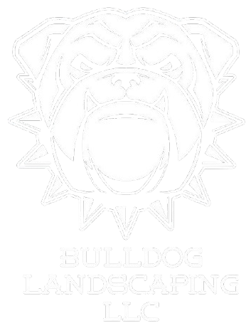 A black and white logo for a company called bulldog landscaping llc.