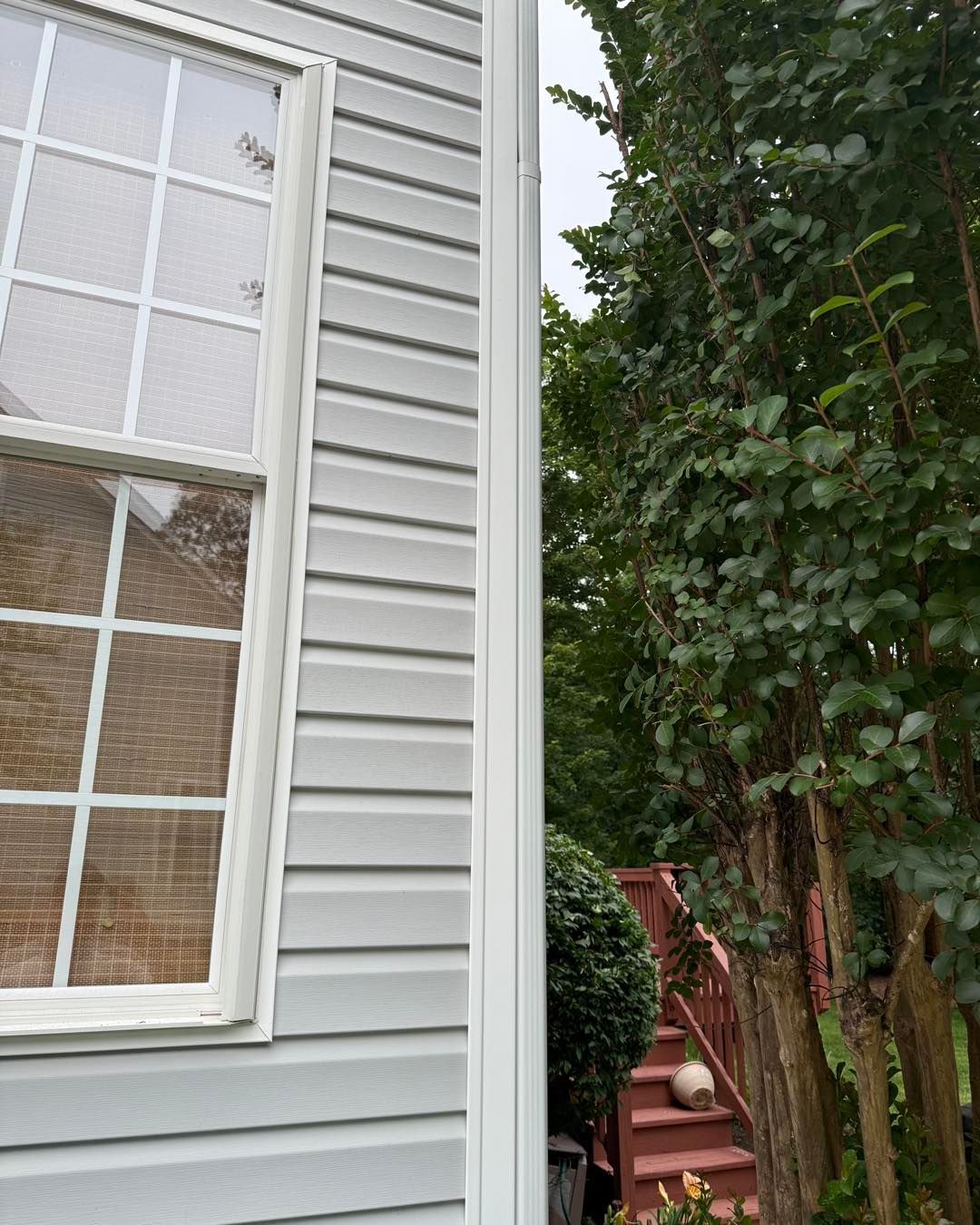 A white house with a window and a tree in the background.