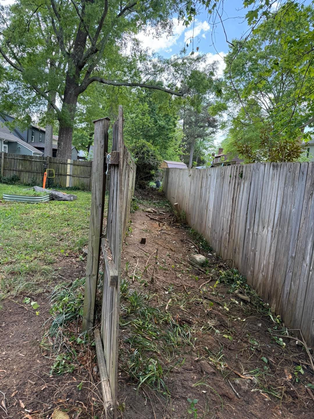 A wooden fence surrounds a dirt path in a backyard.