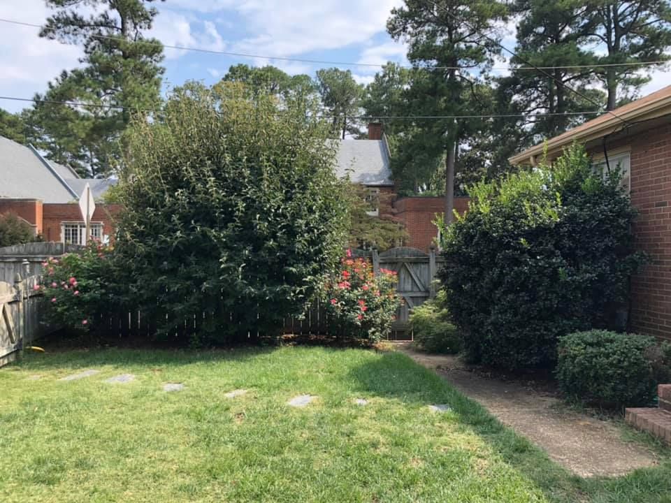 A backyard with a lot of grass and trees in front of a brick house.