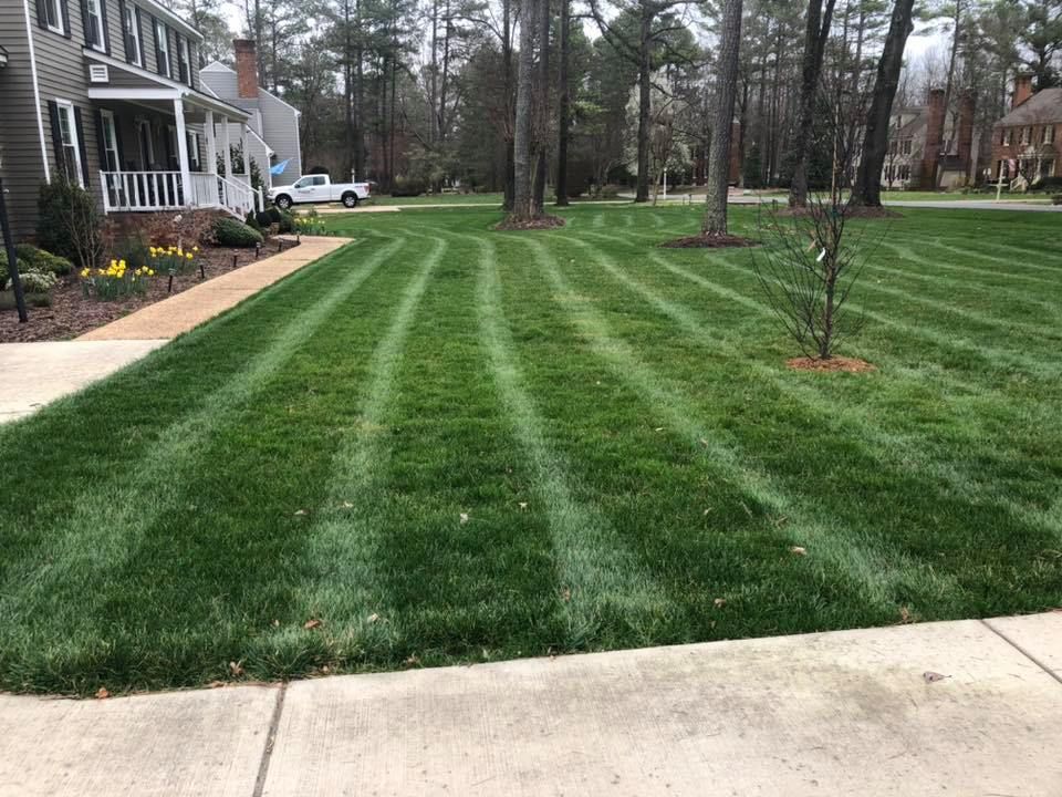 A lush green lawn is being mowed in front of a house.