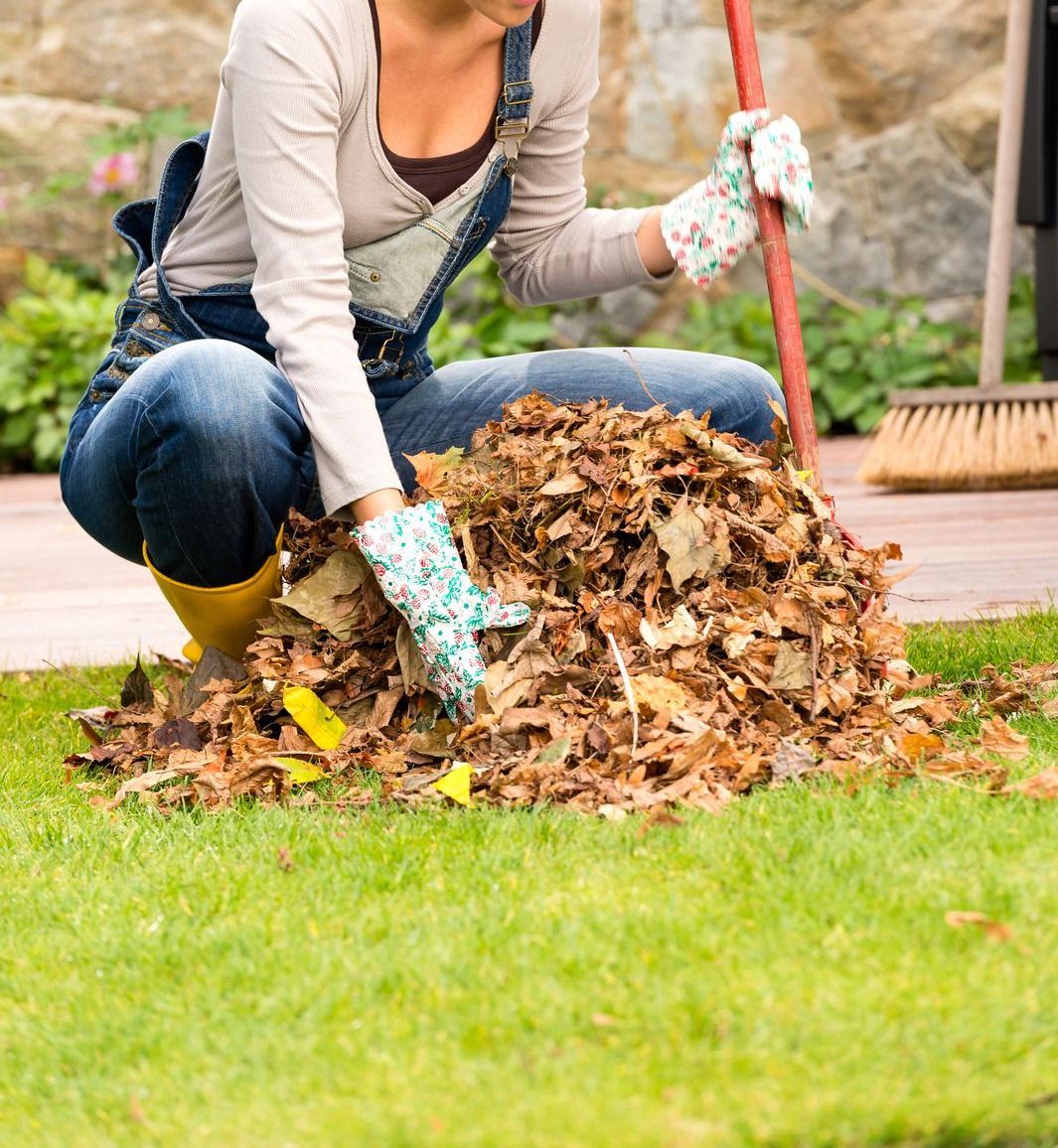 A woman is kneeling down in front of a pile of leaves.
