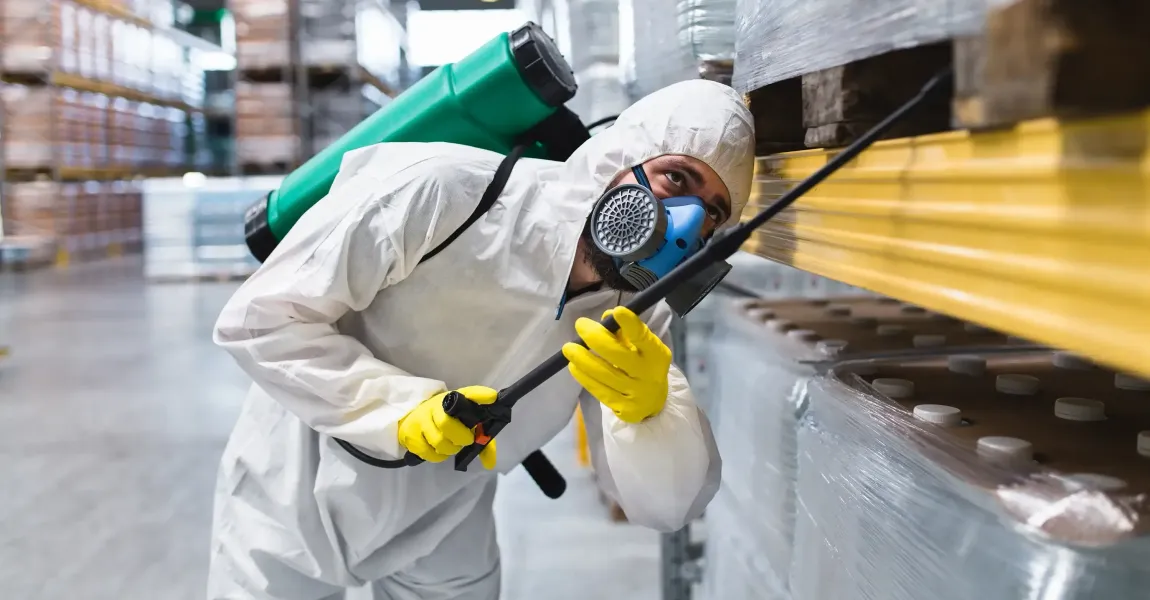 A masked pest control operator, commercial premises.