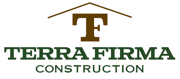 Logo of Terra Firma Construction featuring a brown "T" inside a house outline above text.
