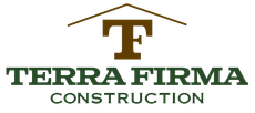 Logo of Terra Firma Construction featuring a brown "T" inside a house outline above text.