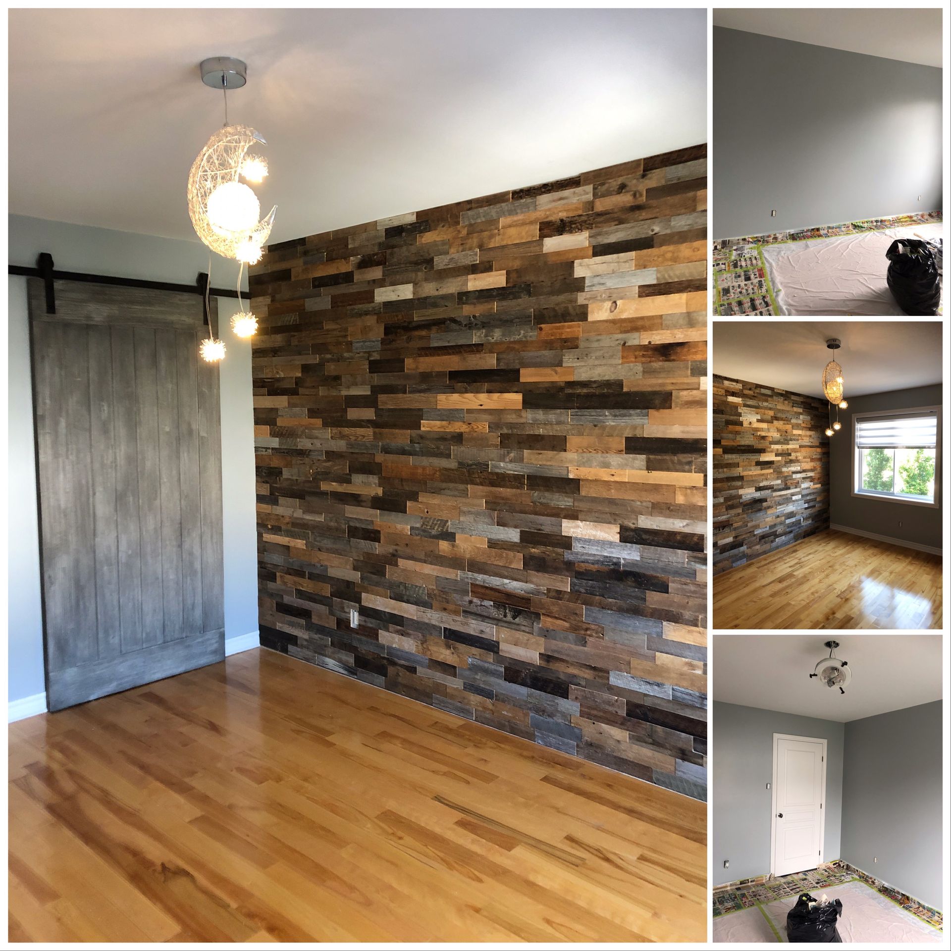 Une pièce avec un mur en bois et une porte de grange coulissante.