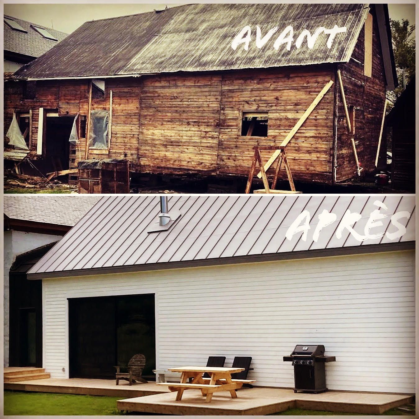 Une photo avant et après d'une grange avec le mot avant écrit sur le toit