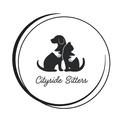 Logo featuring a dog and cat hugging inside a circular border, with the text 