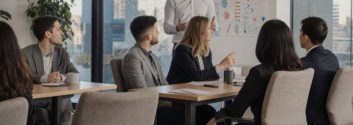 Personas vestidas de negocios en una reunión, mirando una pizarra. Hay una taza de café sobre la mesa.
