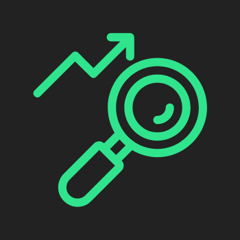 Lupa verde con gráfico ascendente sobre fondo negro.