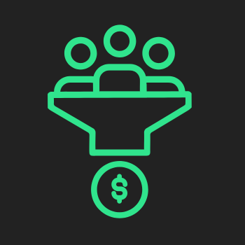 Icono de embudo verde con personas en la parte superior y un signo de dólar en la parte inferior, que simboliza conversión o ventas.