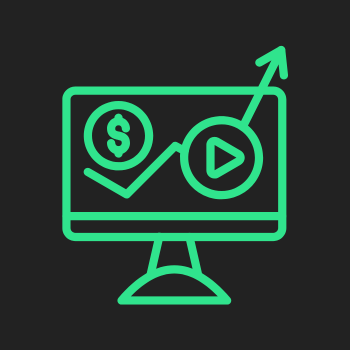Monitor delineado en verde con un gráfico, un signo de dólar y un botón de reproducción, que indica crecimiento.