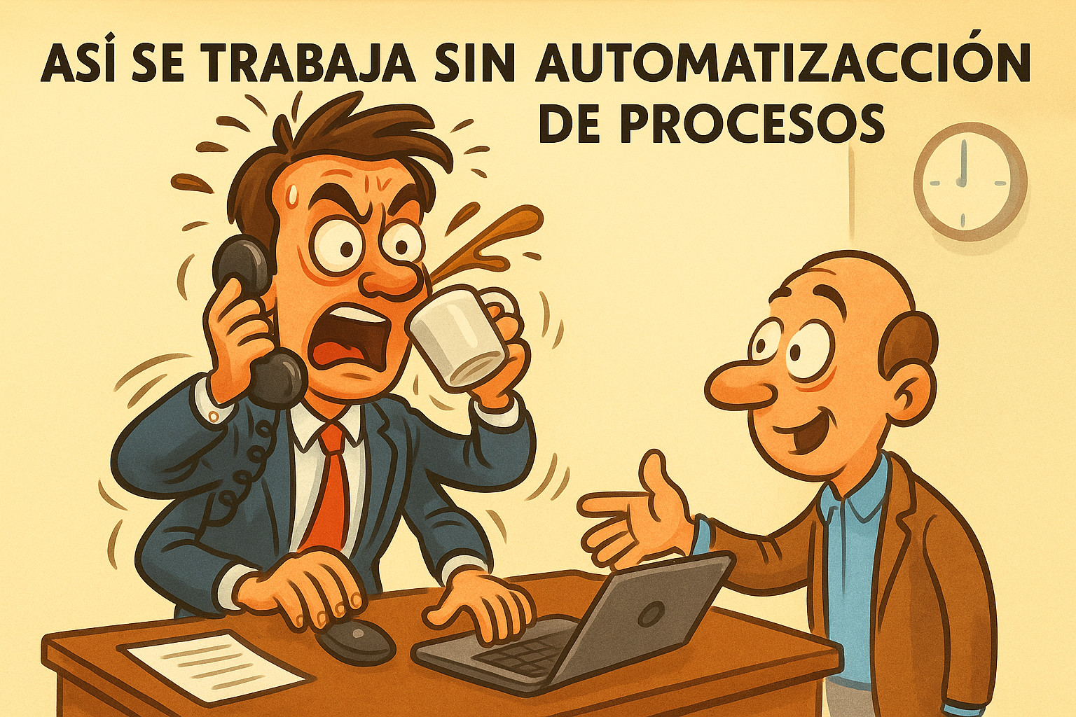 Un hombre estresado derrama café mientras habla por teléfono y trabaja en una computadora portátil, con un colega sonriente.