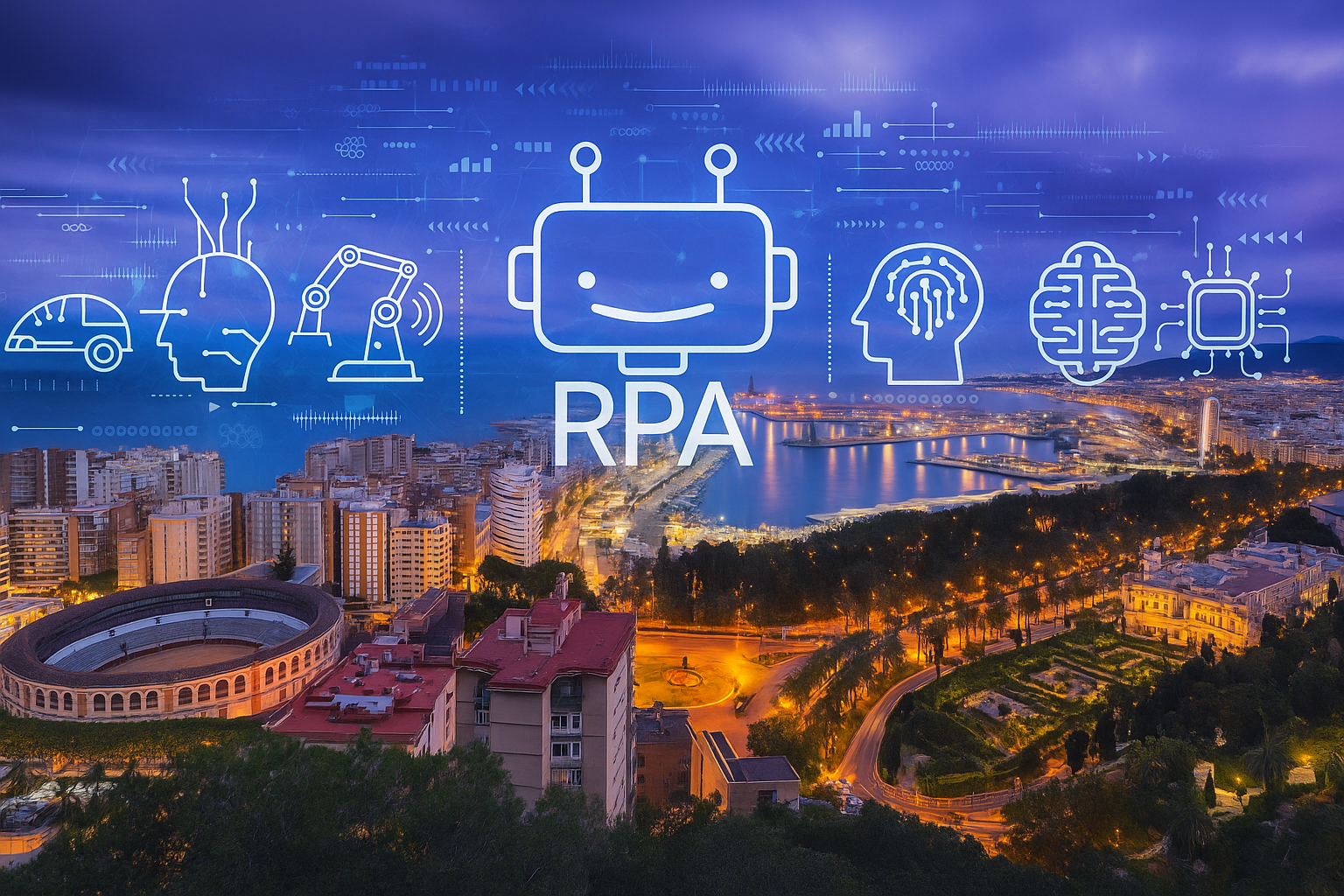 Vista nocturna de una ciudad con superposición de ilustración del concepto RPA, incluido un ícono de