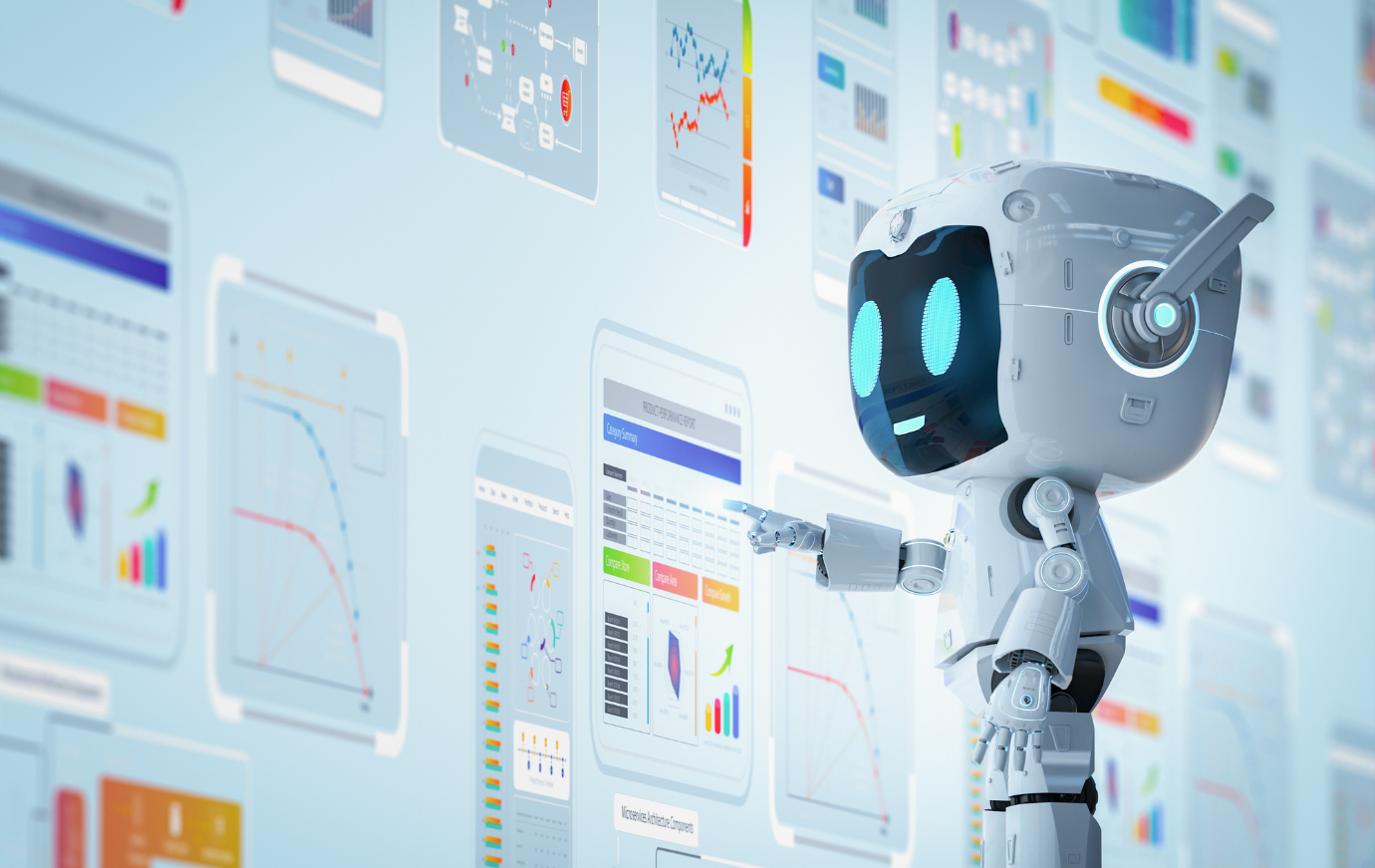 Robot apuntando a gráficos de datos en una pantalla. Robot blanco, ojos azules brillantes