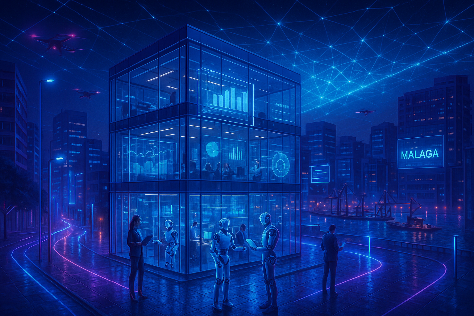 Ciudad futurista con un edificio de cristal brillante, robots y visualizaciones de da
