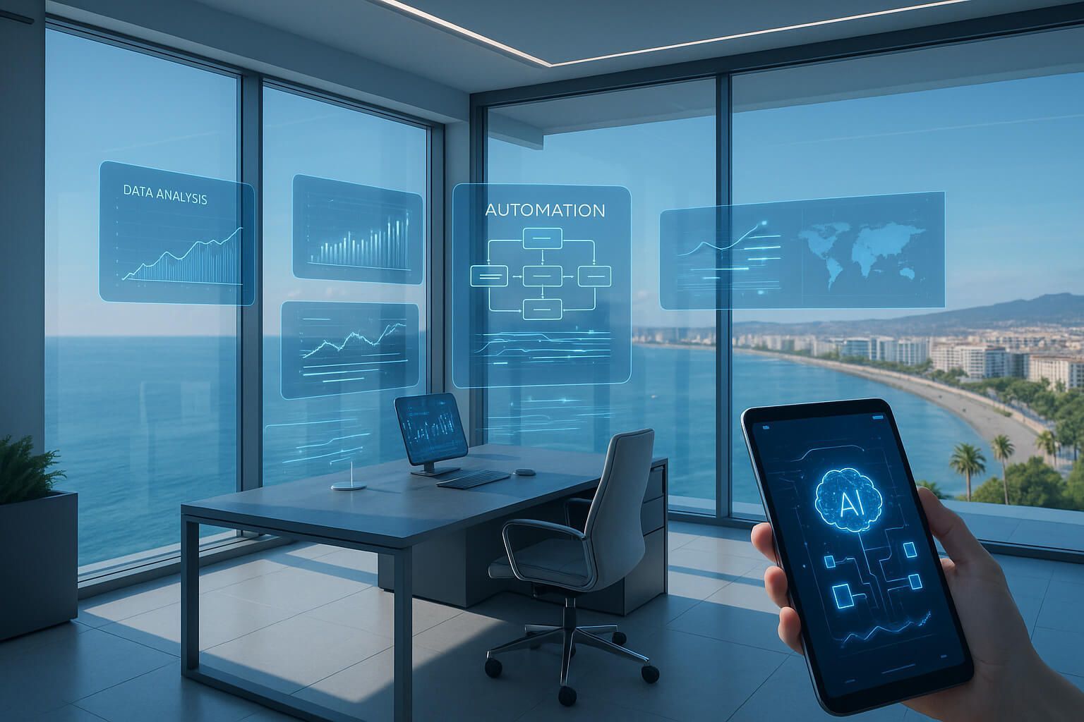 Oficina moderna con interfaz de tecnología inteligente; teléfono con IA; vistas a Málaga