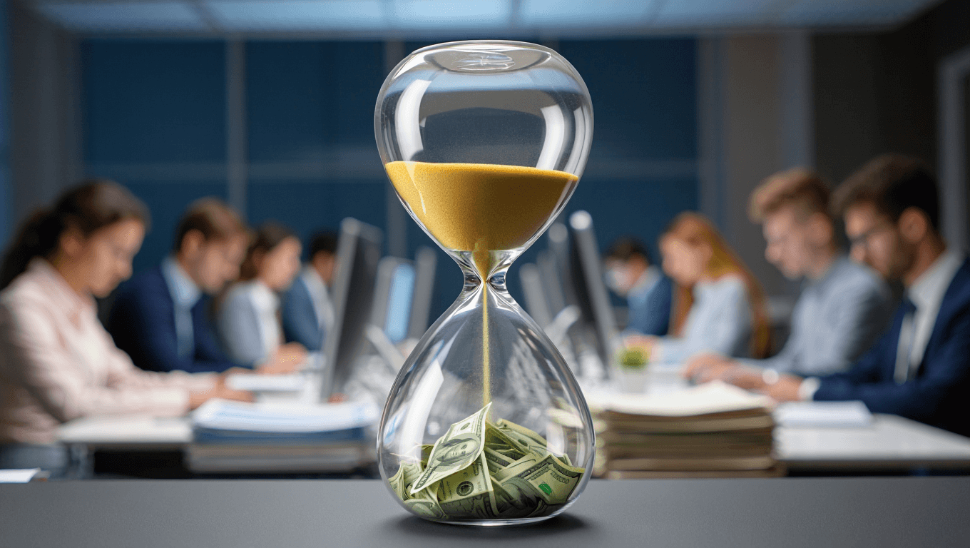 Reloj de arena lleno de arena encima de dinero en una oficina, gente trabajando en el fondo.