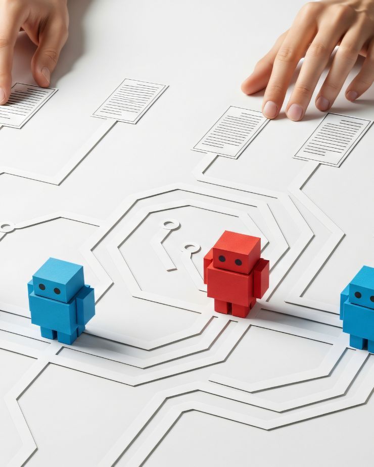 Tres figuras de robot en un diagrama blanco: una roja, dos azules. Manos sobre iconos de teléfono.