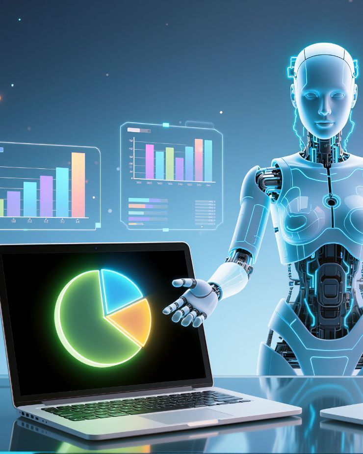 Un robot de inteligencia artificial presenta datos financieros en una computadora portátil y pantallas con gráficos brillantes en un entorno futurista.