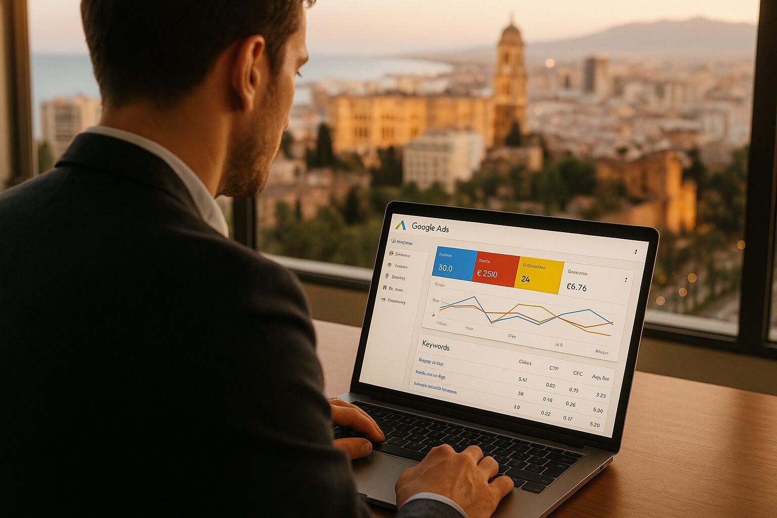 Hombre de traje usando una computadora portátil con datos, con vistas al horizonte de la ciudad