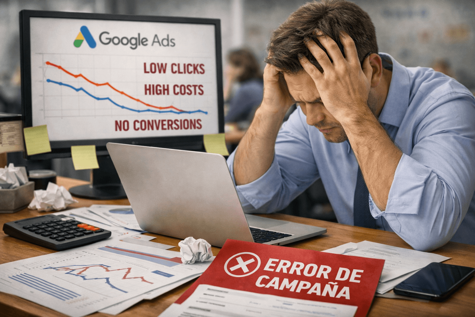 Hombre estresado por el fracaso de una campaña de Google Ads; el gráfico muestra pocos clics, altos costos y ninguna conversión.