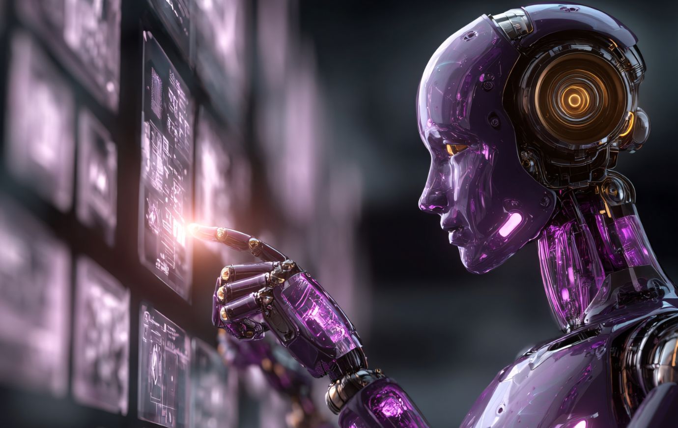 Mano robótica morada tocando una pantalla que muestra esquemas, entorno futurista.