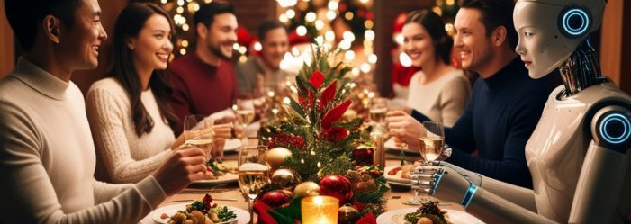 Cena de Navidad con la empresa y la AI sentada con ellos