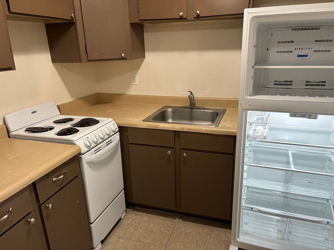 A kitchen with a stove a sink and a refrigerator