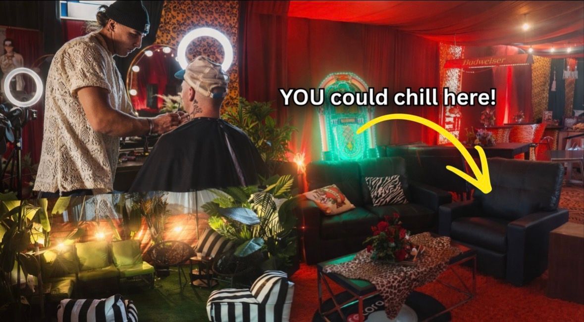 VIP tent with red and black decor