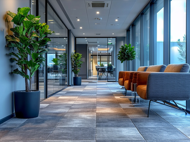 A brightly lit, empty school hallway with tiled walls, a reflective floor, and doors leading to classrooms.