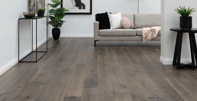 Modern living room featuring dark hardwood floors, a gray sofa, and minimalist black accent furniture.