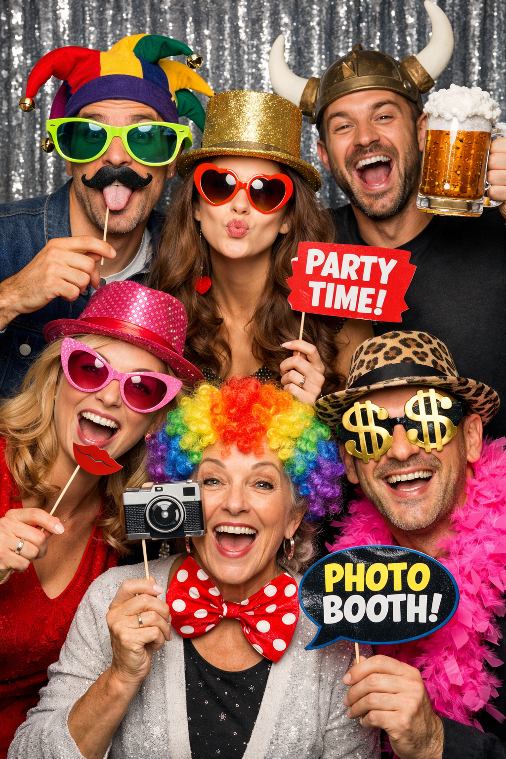 Een groep mensen met kleurrijke hoeden, brillen en accessoires poseert tegen een glinsterende zilveren achtergrond.