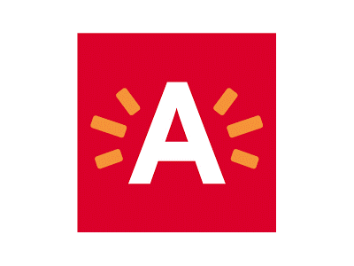 Een rood vierkant met daarin een witte hoofdletter "A", omringd door zes kleine, oranje, uitstralende streepjes.