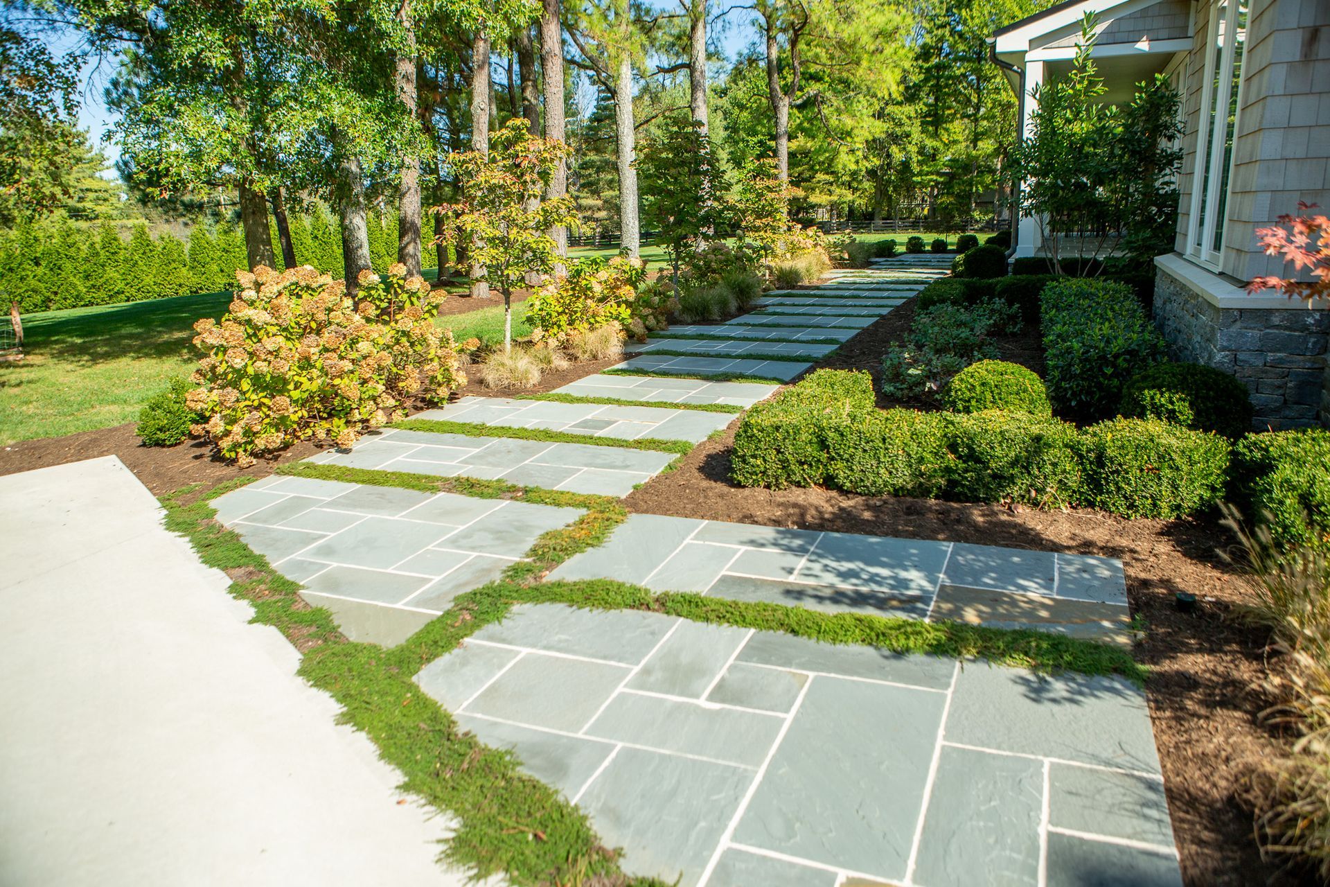 Stone pathway with grass accents leading to a house, surrounded by landscaping.