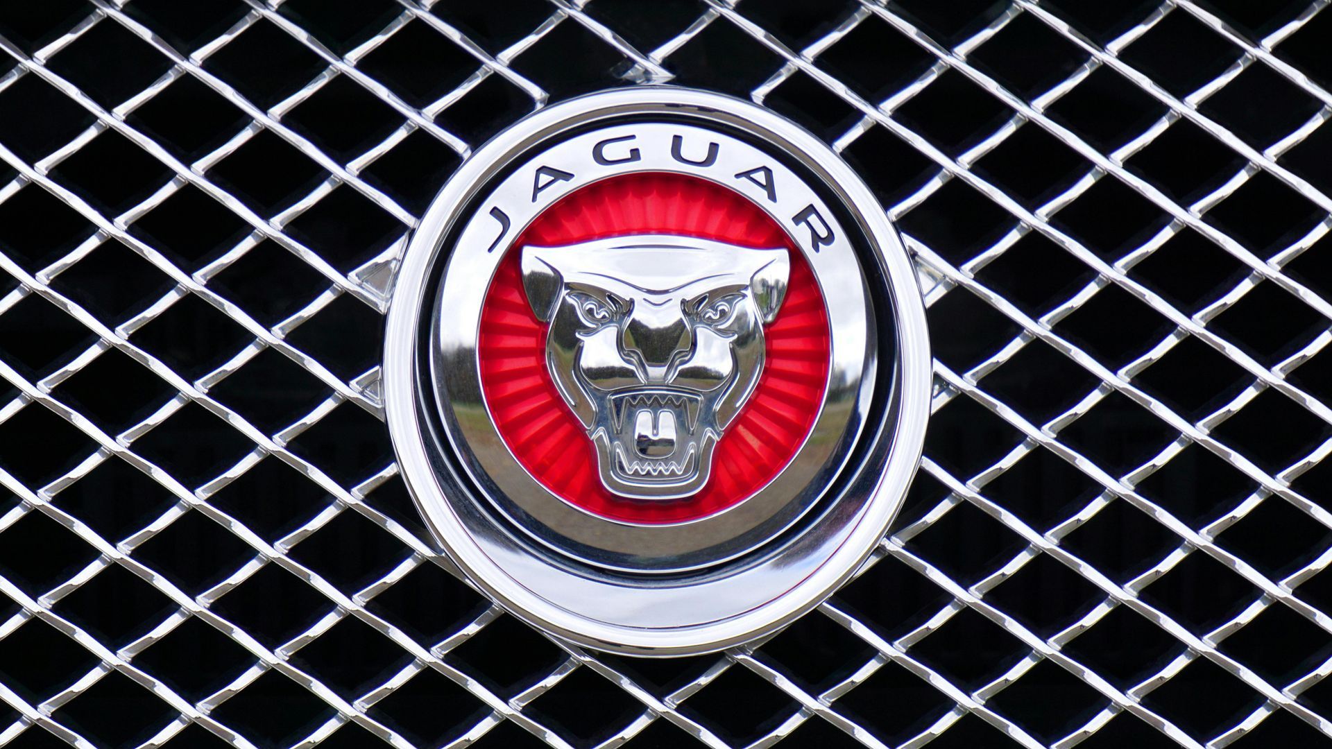 Jaguar car emblem with silver cat head, red background, and "JAGUAR" lettering, set against a chrome grille.