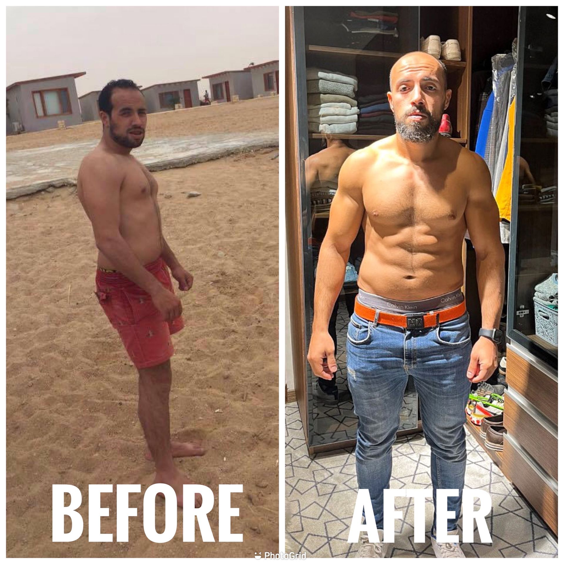 A before and after photo of a shirtless man