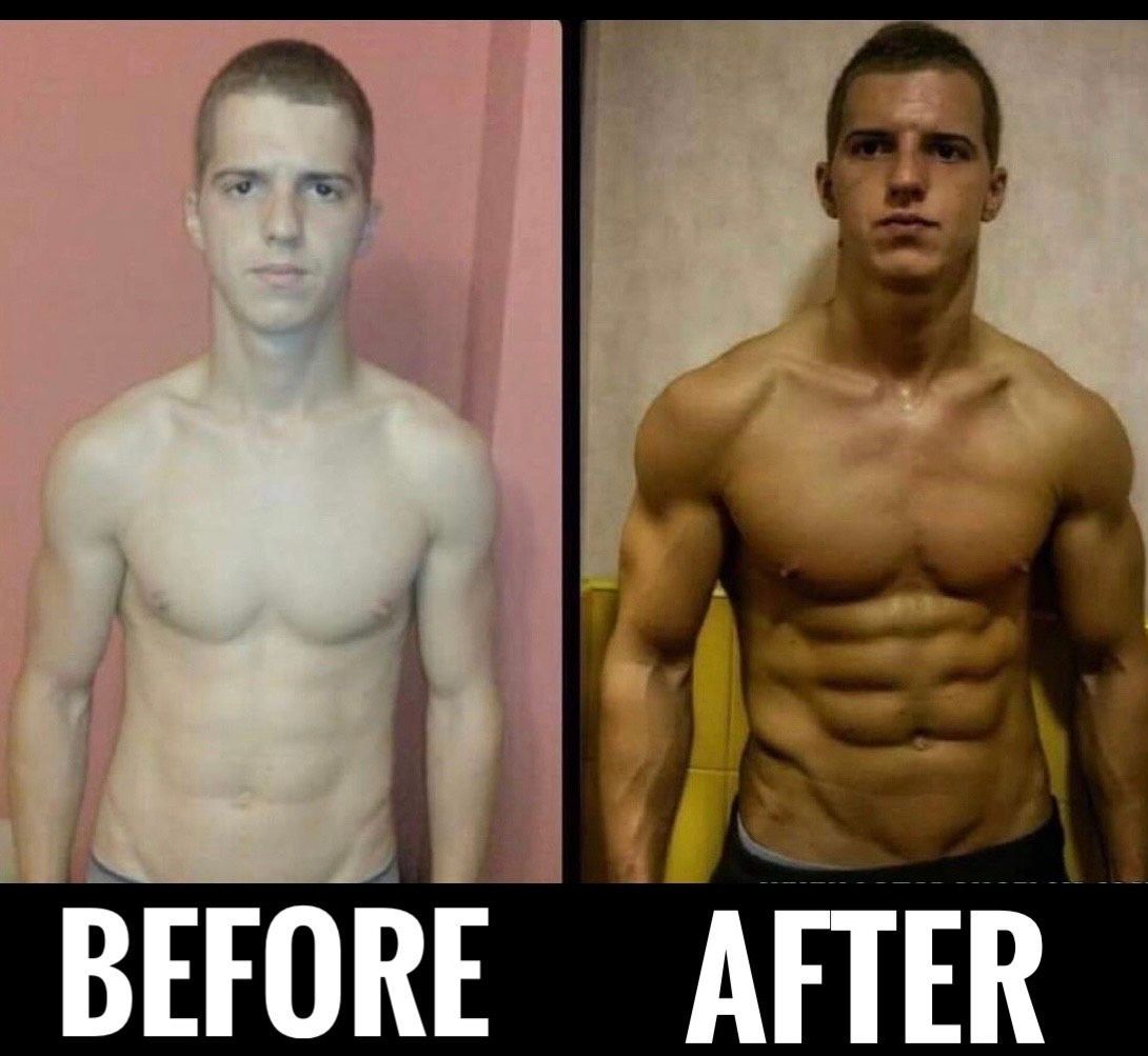 A before and after photo of a shirtless man