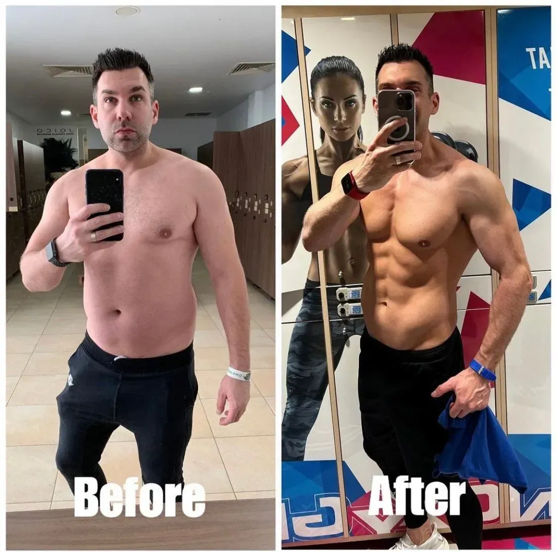 A before and after picture of a man taking a selfie in a gym.