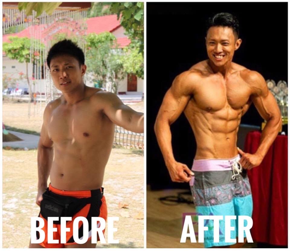 A before and after picture of a muscular man