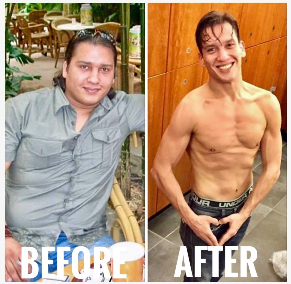 A before and after picture of a man with a shirtless torso