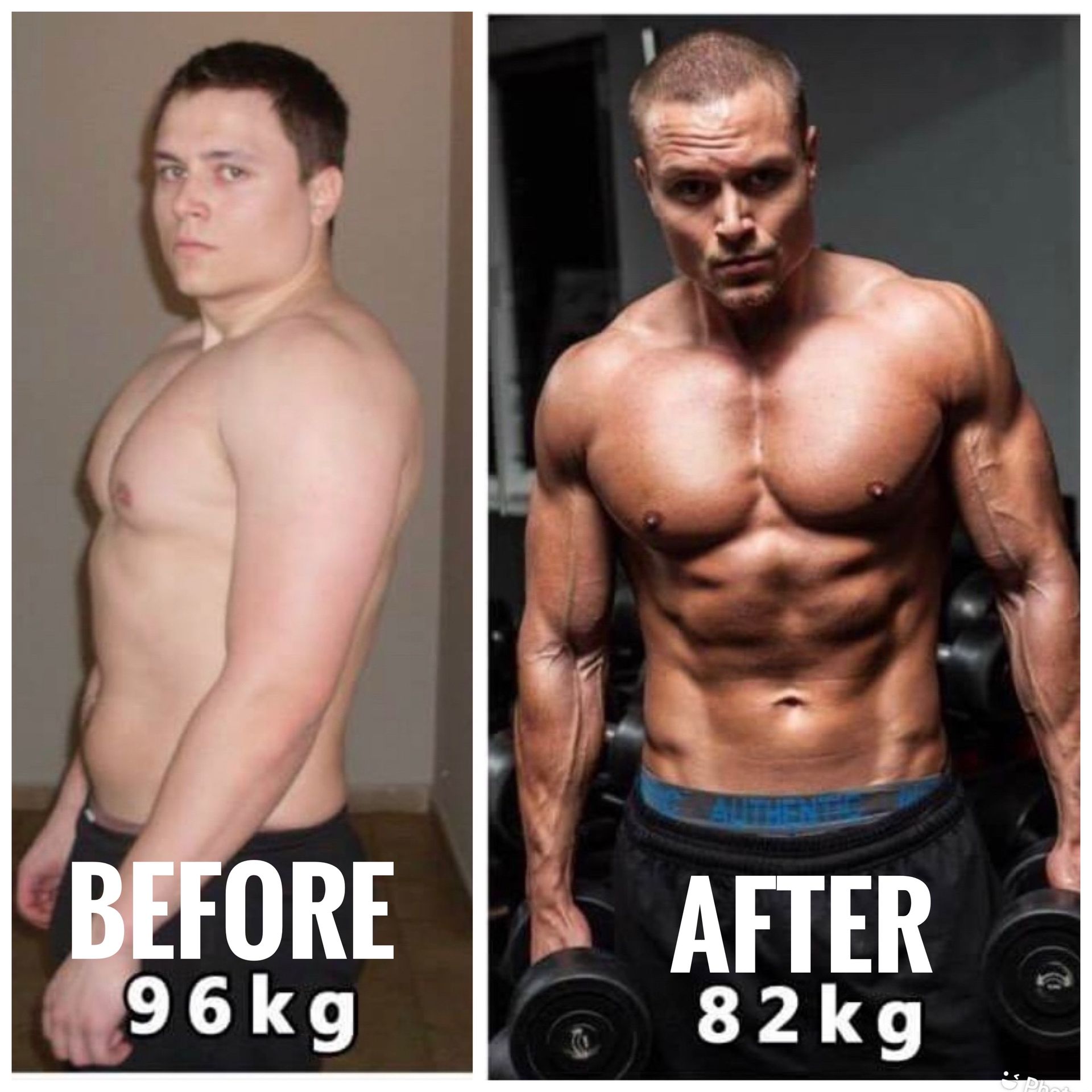 A before and after picture of a man lifting dumbbells