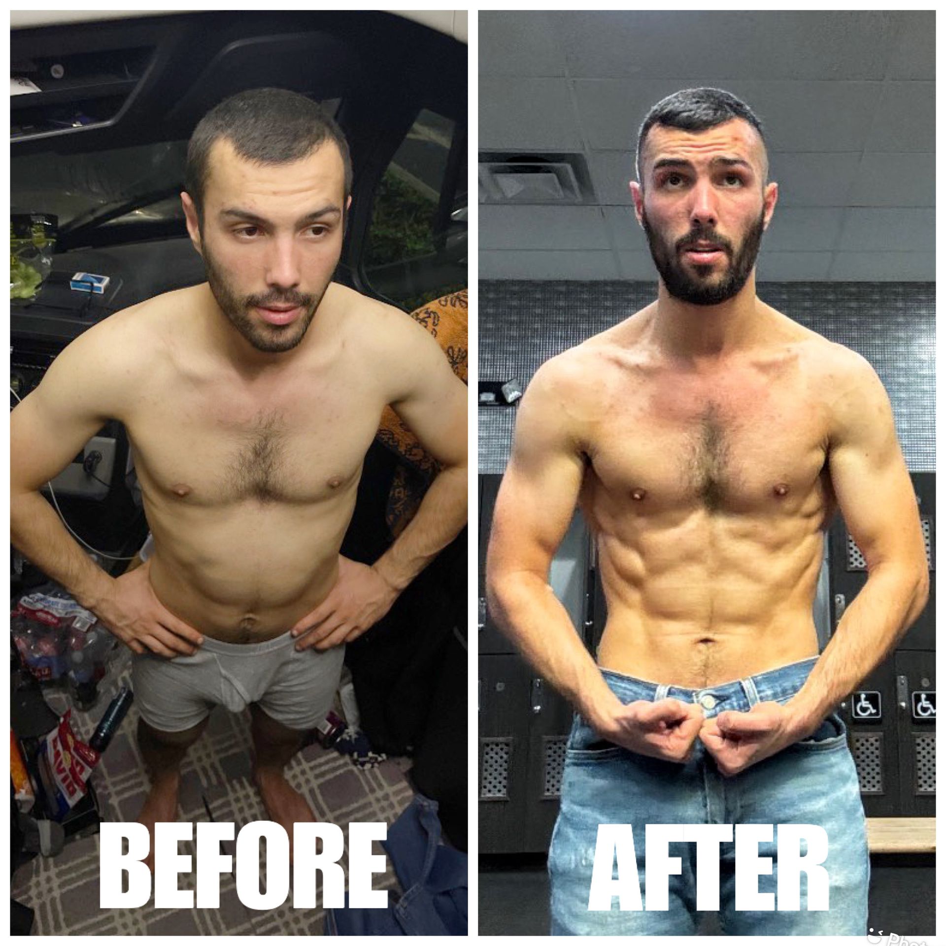 A before and after picture of a shirtless man in a locker room.