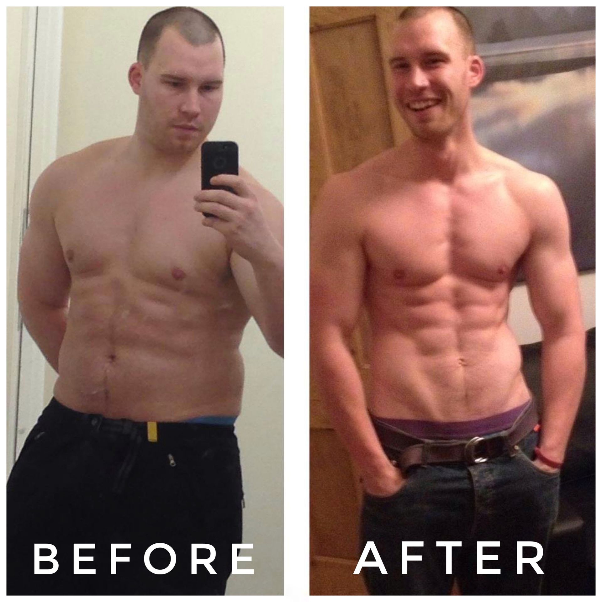 A before and after picture of a man taking a selfie