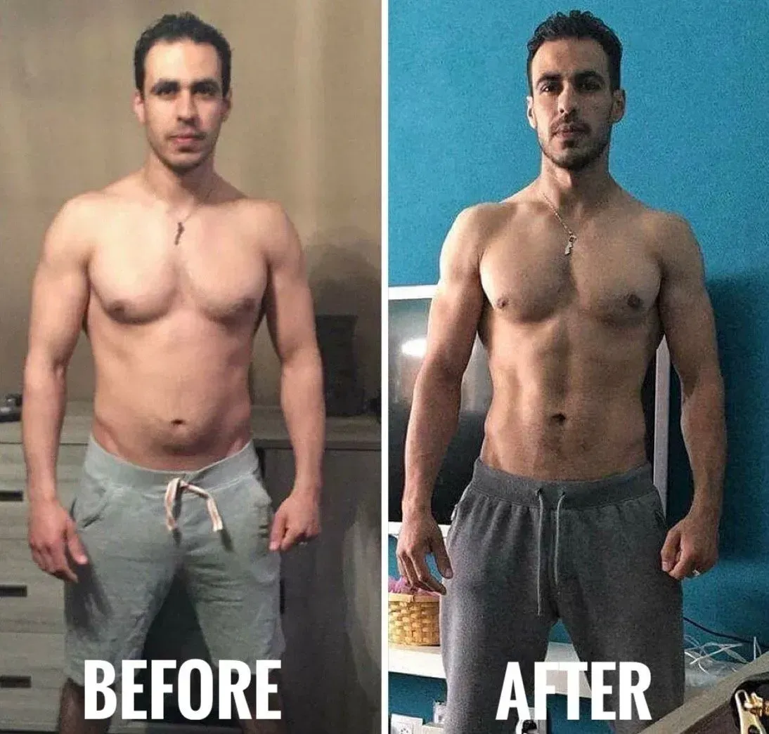 A before and after photo of a shirtless man
