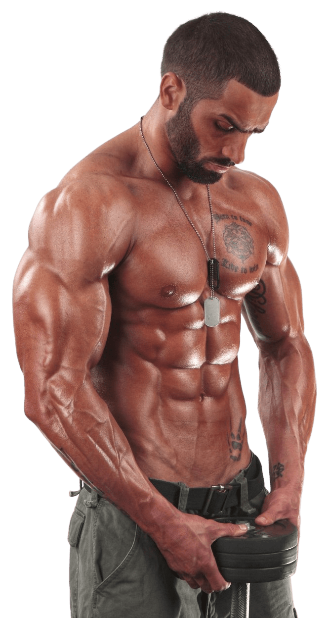 A shirtless man with a beard is holding a dumbbell.