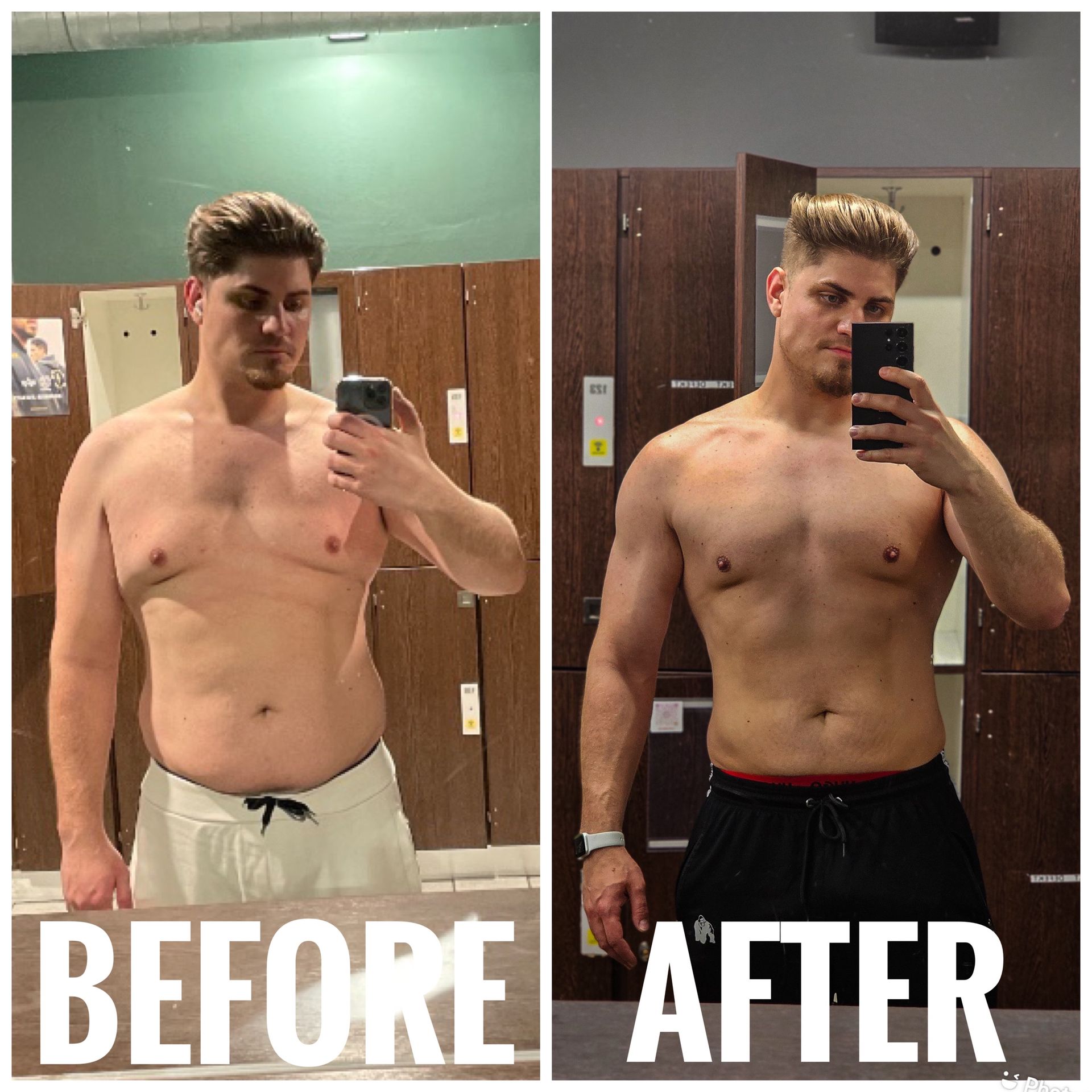 A before and after picture of a man taking a selfie in a locker room.