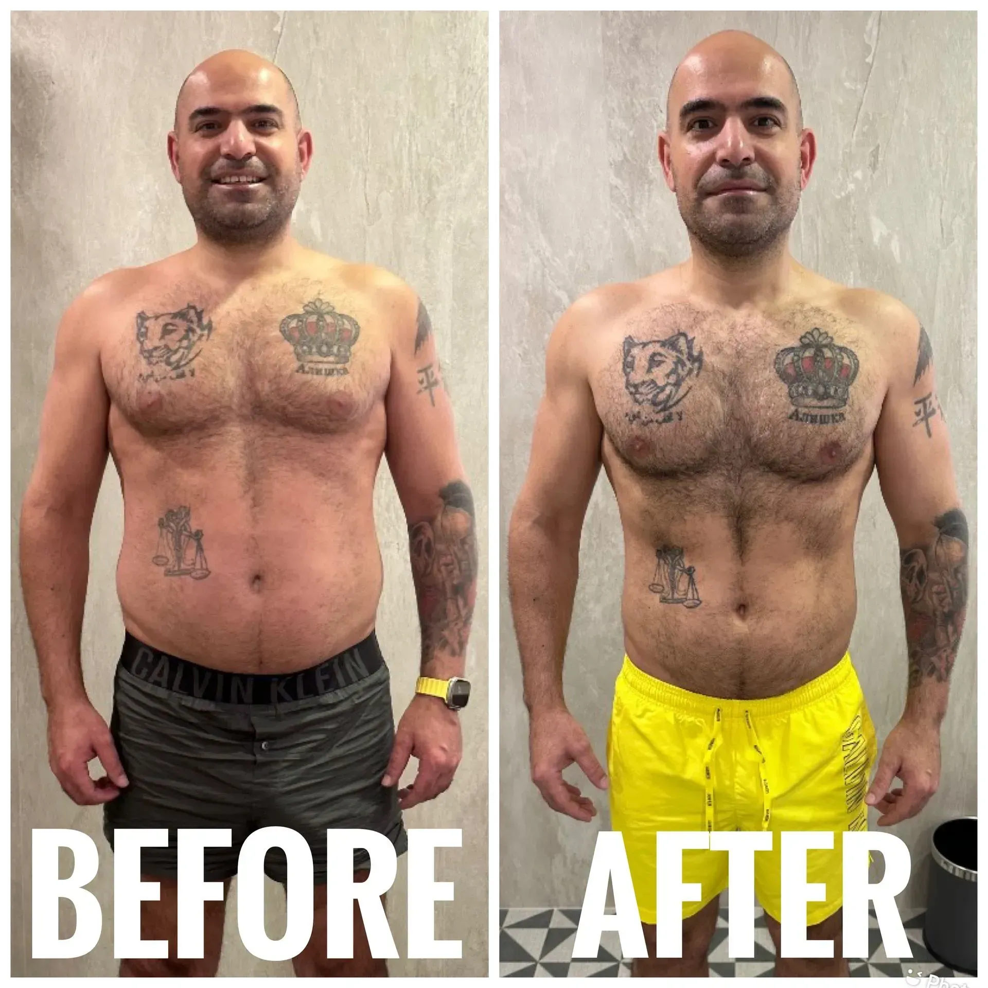 A before and after picture of a man with tattoos