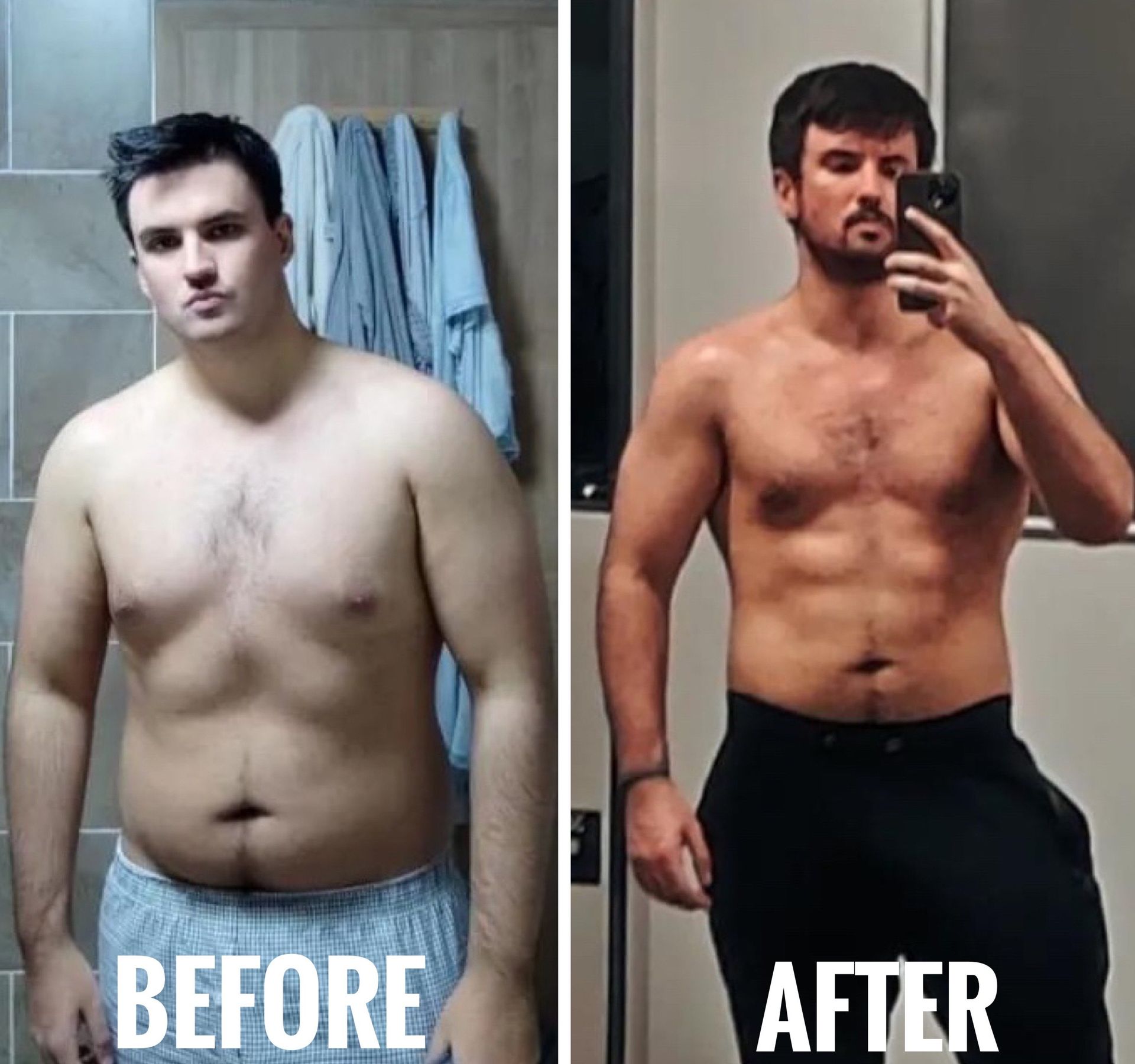 A before and after picture of a man taking a selfie